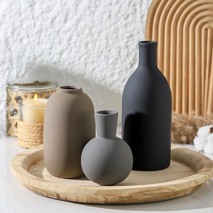 Ceramic Vase Set of 3, Rustic Farmhouse Vases Home Decor Pottery Pampas Vase Decoration Modern Neutral Flowers Vases for Room Decor, Entryway, Living Room, Table, Kitchen, Bedroom - Multicolor