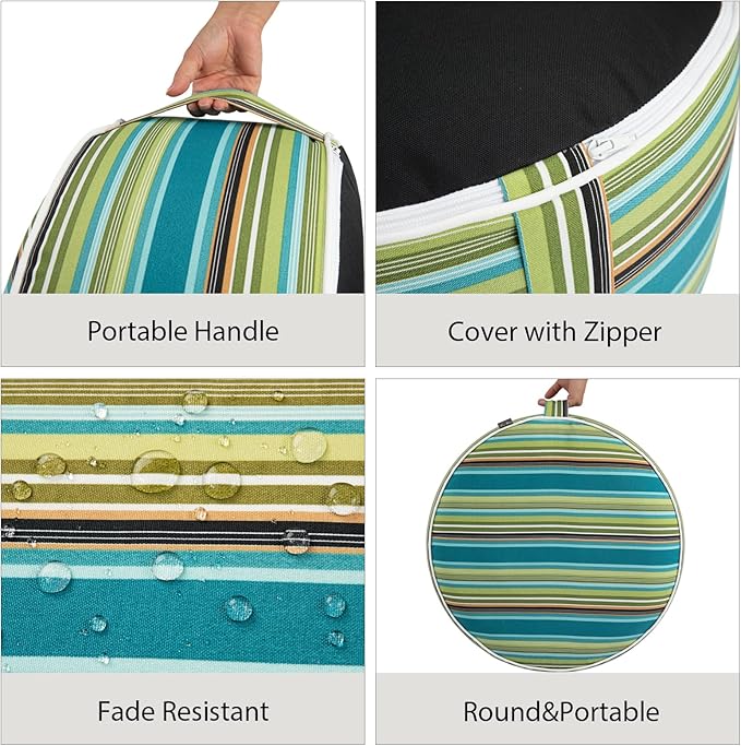 FUNHOME Inflatable Outdoor Ottoman with Air Pump,20"x9" Portable Patio Pouf,Water Resistant,Fade-Resistant,Round Blow Up Footrest Stools for Home Garden Camping Travel(Green Stripe)