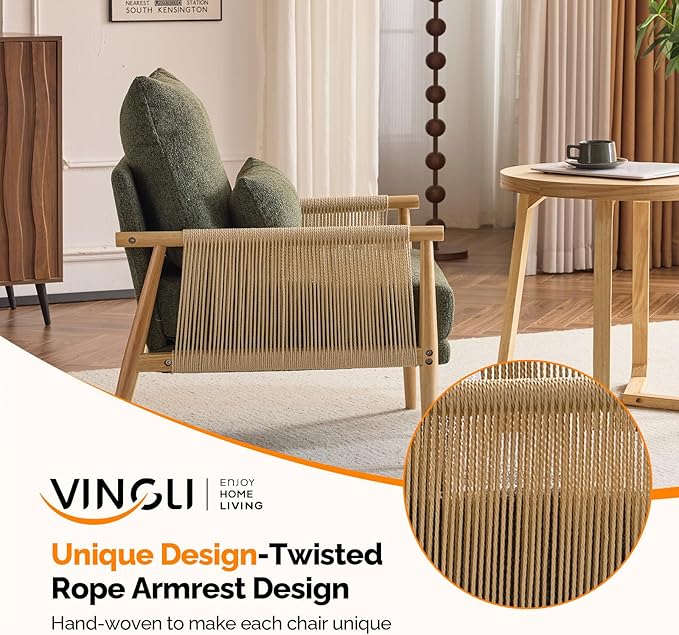 VINGLI Boho Braid Accent Armchairs Set of 2,Mid-Century Modern Chiars with Solid Wooden Armrest,Comfy Louge Cushion Chairs with Waist Pillow for Bedroom,Living Room,Reading Room, Dark Green