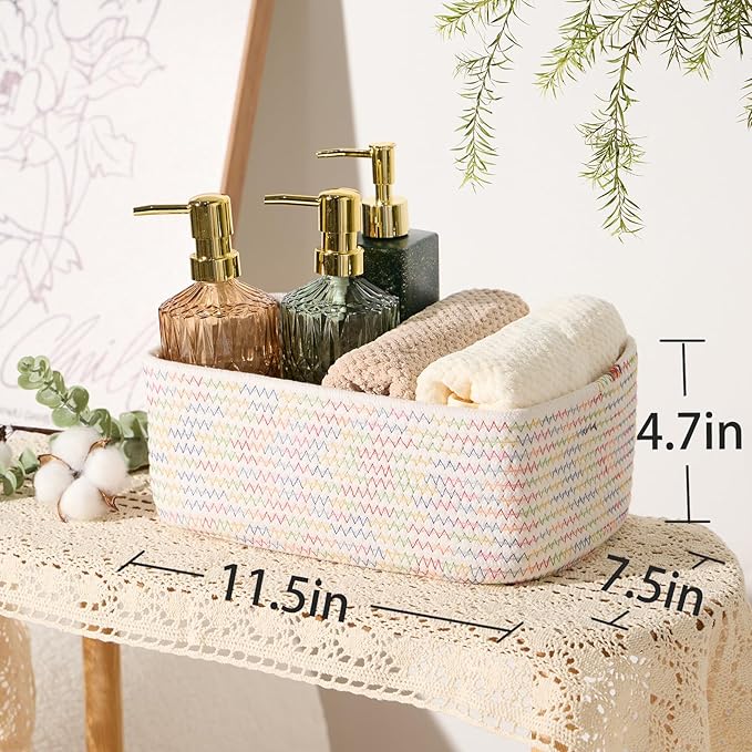 Small Storage Baskets for Organizing | Closet Organizer Bins | Shelf Toy Basket | Woven Rope Baskets | Cube Decorative Box | Shallow Basket | 11.5x7.5x4.7” | 3 Packs Rainbow
