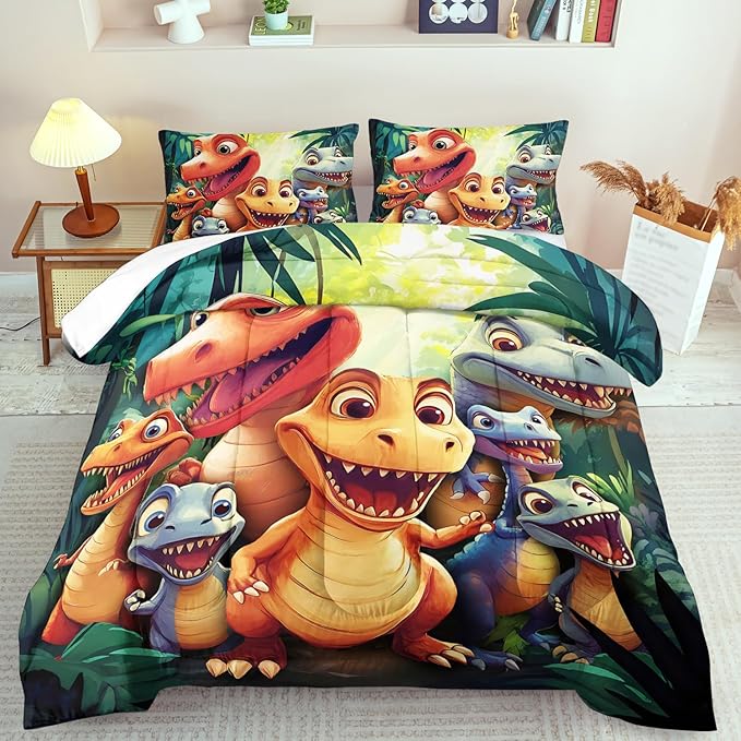 Dinosaur Comforter Set Queen Boys,Cartoon 3D Dinosaur Bedding Set Queen Bed Kids,3D Dragon Comforter Dragon Quilt Pattern Bedroom Decor,Cute Animal Bedding Kawaii Animal Quilt Girls
