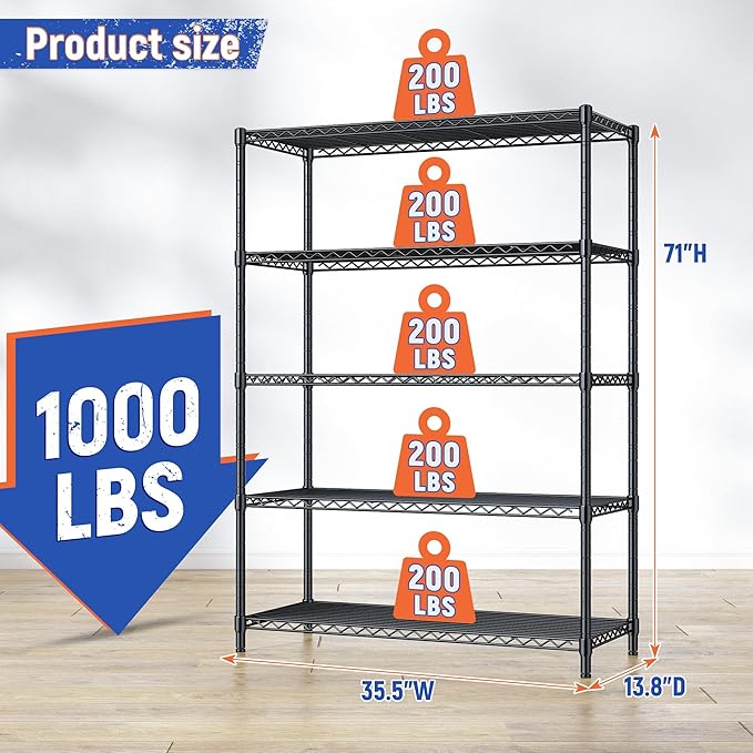5 Tier Storage Shelves 71"H Wire Shelving Adjustable Metal Shelving,1000LBS Pantry Shelves Sturdy Steel Wire Shelf for Kitchen Commercial Pantry Garage Warehouse ,71"H X35.5"W X13.8"D, Black