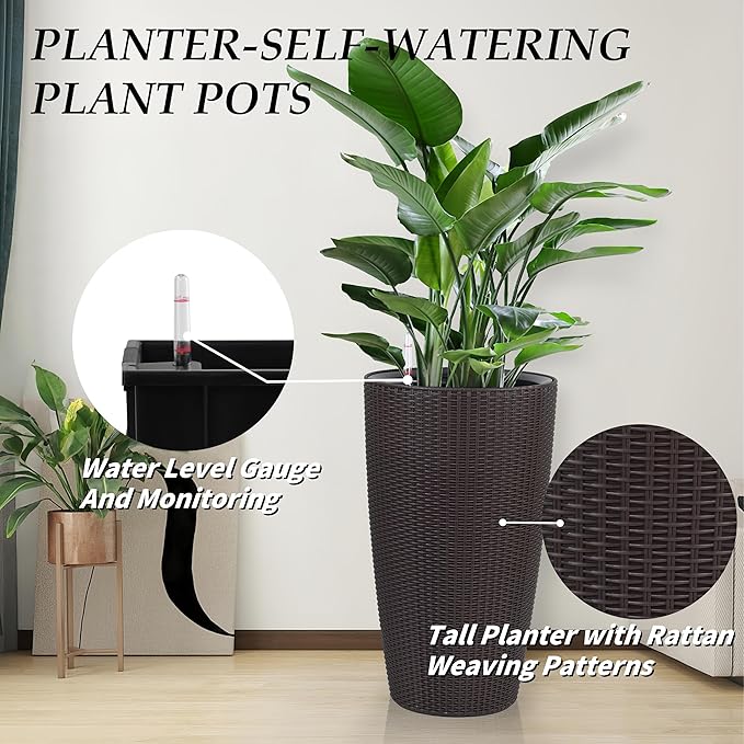 2Pack 22" High Modern Plant Pots Planter-Self-Watering Indoor/Outdoor Planting with Drain Holes, Water Level Monitor, Inner Bucket for Front Porch Patio, Brown Rattan Conical