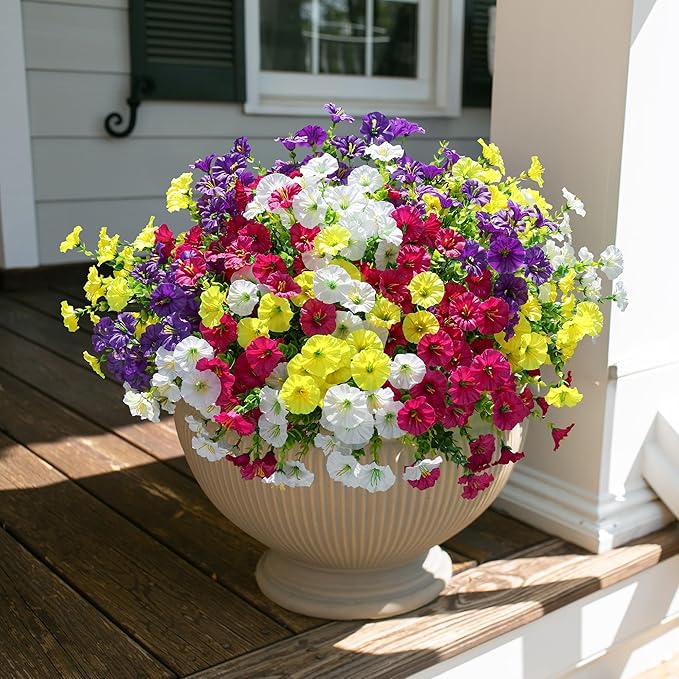 Artificial Flowers for Outdoors Fake Plants Outside Decoration, 12 Bundles Silk Colorful Morning Glory with Eucalyptus UV Resistant Realistic Faux Flowers for Planter Front Door Garden Yard