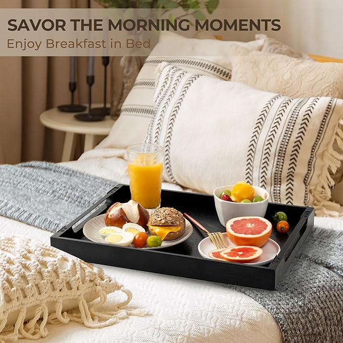Axeman Wooden Serving Tray with Metal Handles|Ottoman Tray for Breakfast, Bed, Couch|17x13in Ash Wood Coffee Table Trays|Food Drinks Decorative Storage Boards for Ottoman Kitchen, Black