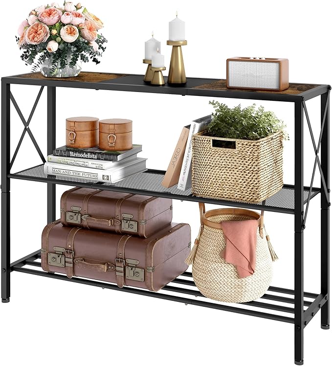 Hoctieon Industrial Console Table, 3 Tier Entryway Table, Hallway Table, Narrow Sofa Table with Shelves, Entrance Table for Entryway, Rustic Brown&Black