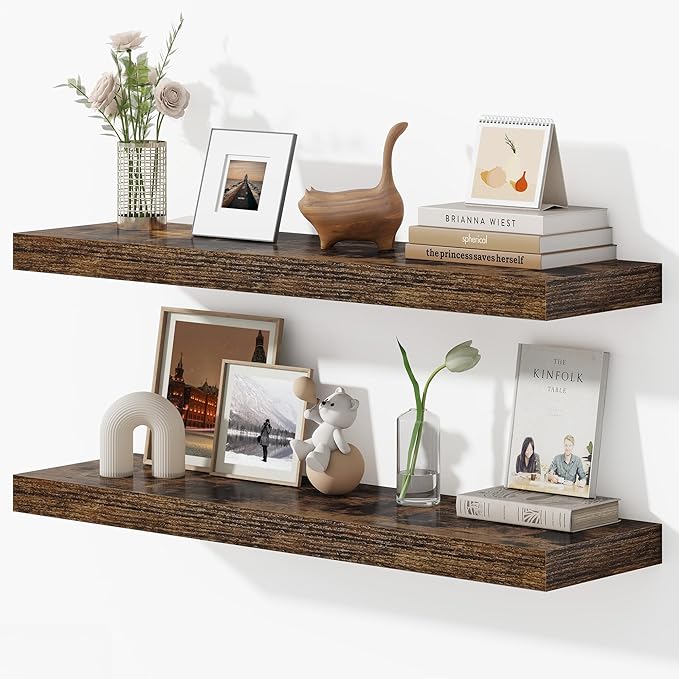 Dreamland 36 Inches Floating Shelves for Wall, 9.3" Deep Long Floating Shelves Set of 2, Large Display & Storage Shelf, Wall Shelf for Bathroom Bedroom Living Room Kitchen Office, Rustic Brown