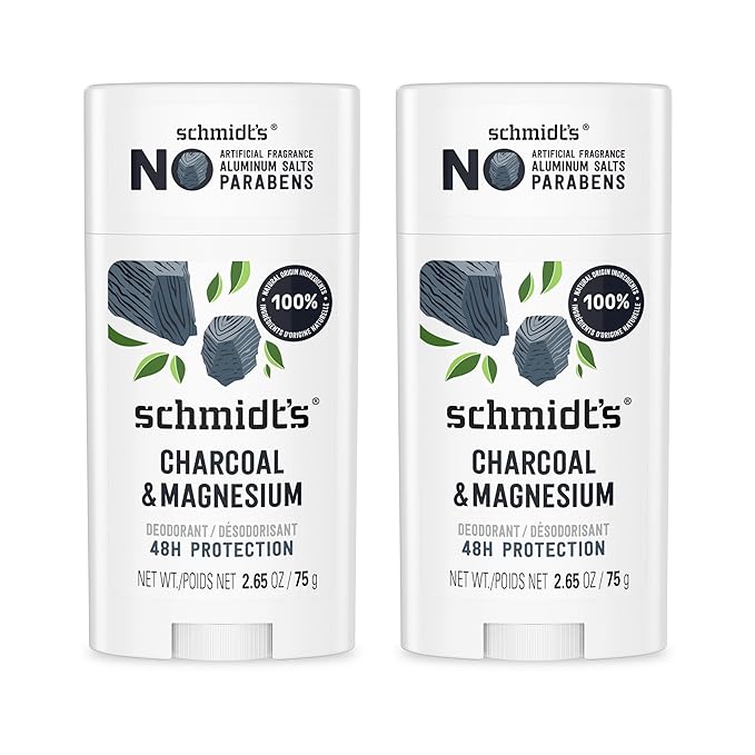 Schmidt's Aluminum-Free Vegan Deodorant Charcoal & Magnesium with 48 Hour Odor Protection, 2 Count for Women and Men, Natural Ingredients, Cruelty-Free, 2.65 oz, Pack of 2