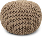 REDEARTH Round Pouf Ottoman - Hand Knitted Cable Boho Poof Home Décor Pouffe Circular Footrest for Living Room - Bedroom - Lounge - 100% Cotton (19.5"x19.5"x14") - Beige