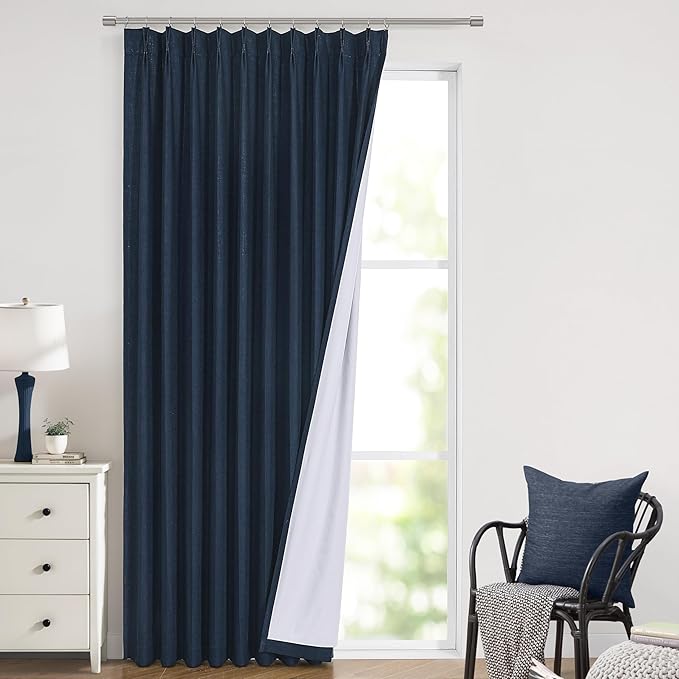 Vision Home Navy Blue Pinch Pleated Full Blackout Curtains Linen Blended Room Darkening Window Panels 108 inch for Living Room Bedroom Thermal Insulated Pinch Pleat Drapes with Hooks 60" Wx108 Lx1