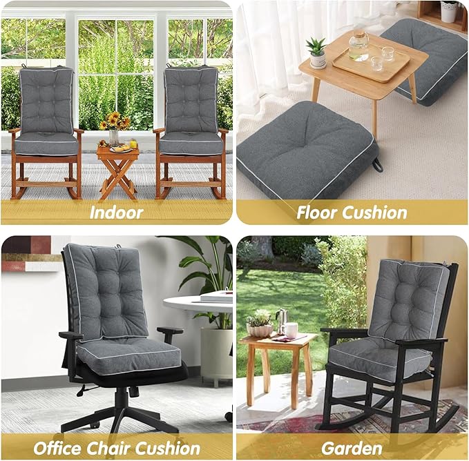 YZ HOME Rocking Chair Cushion, Set of Thicken Seat & Back Chair Cushions with Memory Foam, Non-Slip Chair Pad with Ties for for Indoor&Outdoor Rocker, Light Grey, 22x17x5/17x17x5