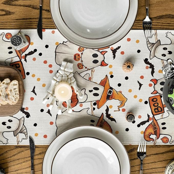 Artoid Mode Beige Ghost Jack-O'-Lantern Black Cat Halloween Table Runner,Holiday Kitchen Dining Table Decoration for Home Party Decor 13 x 60 Inch