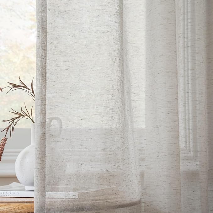 FMFUNCTEX Linen Sheer Curtains for Bedroom, Grey Curtains 84 inches Long for Living Room, Gray Farmhouse French Flax Blend Window Draperies, Rod Pocket 2 Panels Set