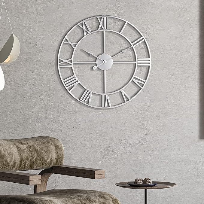 LEIKE 24" Modern Large Wall Clocks,Vintage, Round,Silent Non Ticking,Battery Operated,Silver Metal Roman Numerals Clock for Living Room/Bedroom/Kitchen Decor