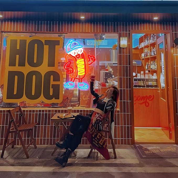 Hot Dog Neon Sign Dimable Cool Hot Dogs Neon Signs Funny Hot Dog Party Themed Light Decor for Restaurants Bars Game Rooms Vibrant LED Lighting Gifts for Fast Food Enthusiasts (15×9.8inch)