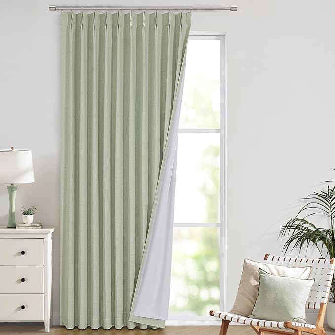 Vision Home Soft Green Pinch Pleated Full Blackout Curtains Linen Blended Room Darkening Window Curtains 102 inch for Living Room Bedroom Thermal Insulated Pinch Pleat Drapes with Hooks 60" Wx102 Lx1