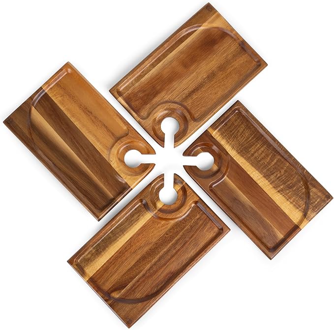 PICNIC TIME Rectangle Wine Appetizer Plates Set of 4, Cocktail Plate with Glass Holder, Cheese Board with Wine Holder, (Acacia Wood)