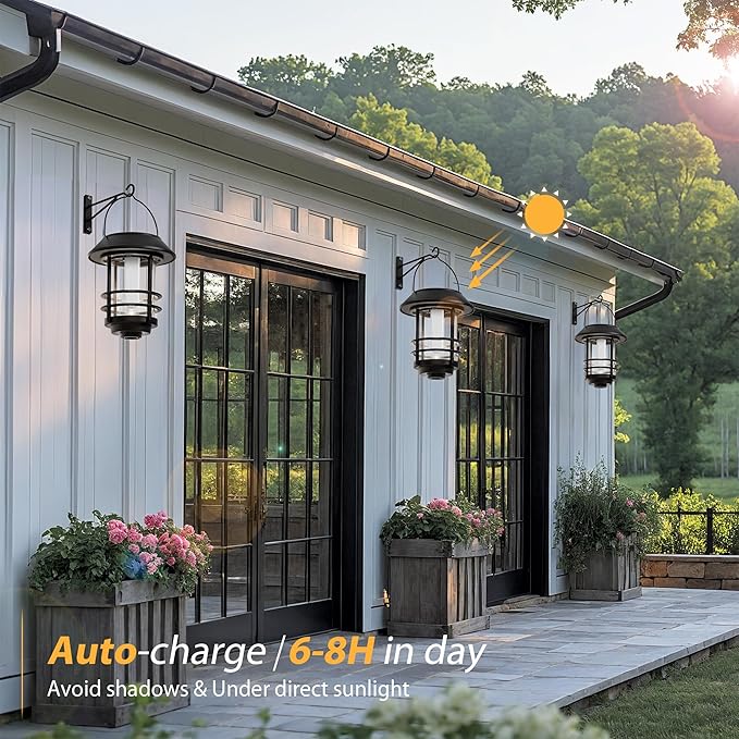 Otdair Solar Wall Lantern Outdoor, Flickering Flames Solar Sconce Lights Outdoor, Hanging Lamps Wall Mount for Front Porch, Patio and Yard, 2 Pack