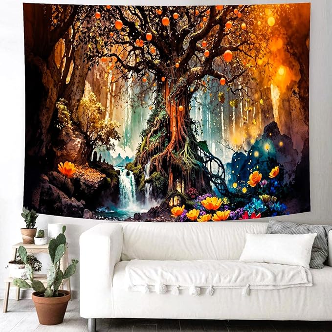 Delur Magical Forest Tapestry Fantasy Tree of Life Fairy Tale Enchanted Mystical Forest Tapestry Psychedelic Nature Landscape Wall Hanging Headboard for Bedroom Living Room Home Decor (70.8" x 92.5")