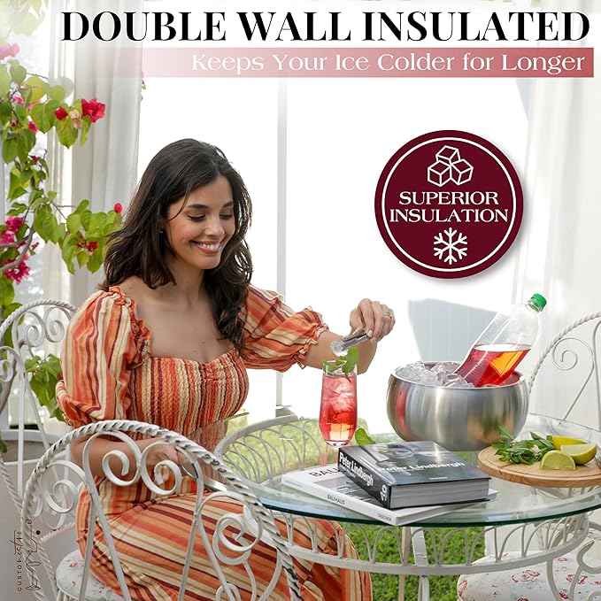 Gusto Nostro 4.1L Insulated Ice Bucket with Lid and Tongs, Double Wall Stainless Steel Ice Bucket Large, BPA Free Ice Bucket for Cocktail Bar, Keeps Champagne, Wine, Beer Chill for Parties