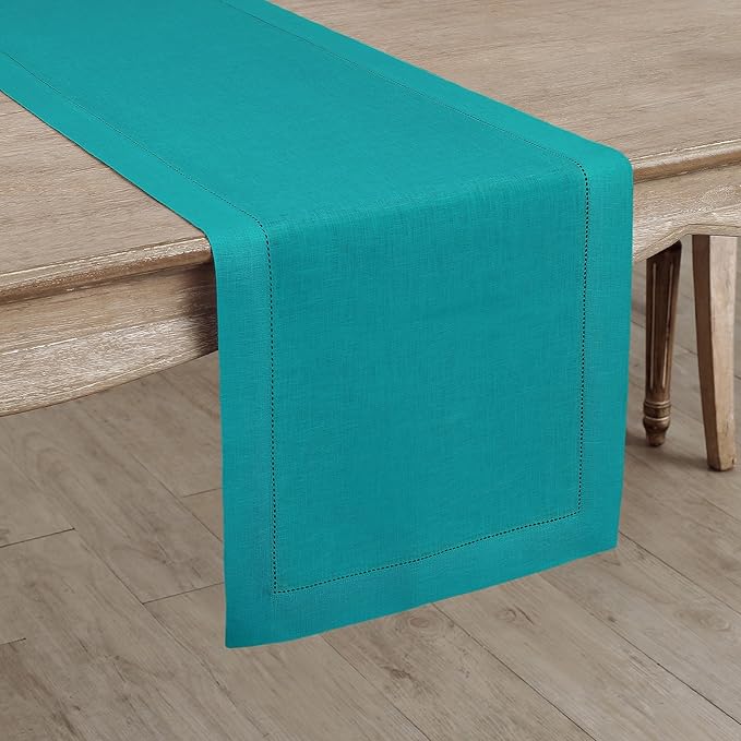 Solino Home Linen Table Runner 60 Inches - 100% Pure Linen Teal Hemstitch Table Runner 14 x 60 Inch Ideal for Dresser and Coffee Tables - Fall, Autumn, Thanksgiving - Classic Hemstitch