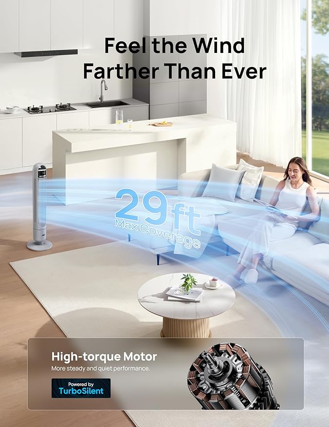 Dreo Tower Fan for Bedroom, 90° Oscillating Fan, Standing Fan with 3 Modes, 4 Speeds, 8H Timer Cooling Fans for Home, Living Room, Office, Grey, TF117