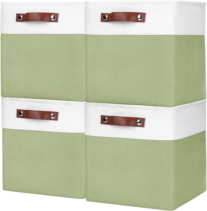 Collapsible Fabric Storage Cubes 11x11 Cube Storage Bins, 4 Pack Closet Baskets Box with Handles for Organizing, Shelf, Toys, Clothes, Home, Office, Nursery (Green&White)
