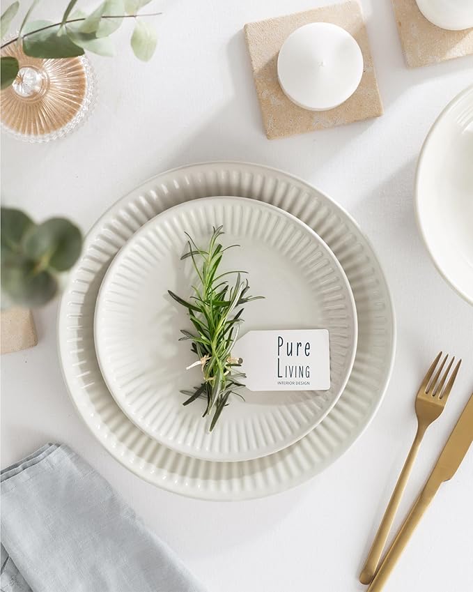 Stoneware Dinnerware Set for 8 People HYGGE 24-Piece - Elegant Scandi Design - Premium Dish Set - Bowl and Plate Set - Tableware for 8 People in a Ribbed Design - Pure Living in Beige