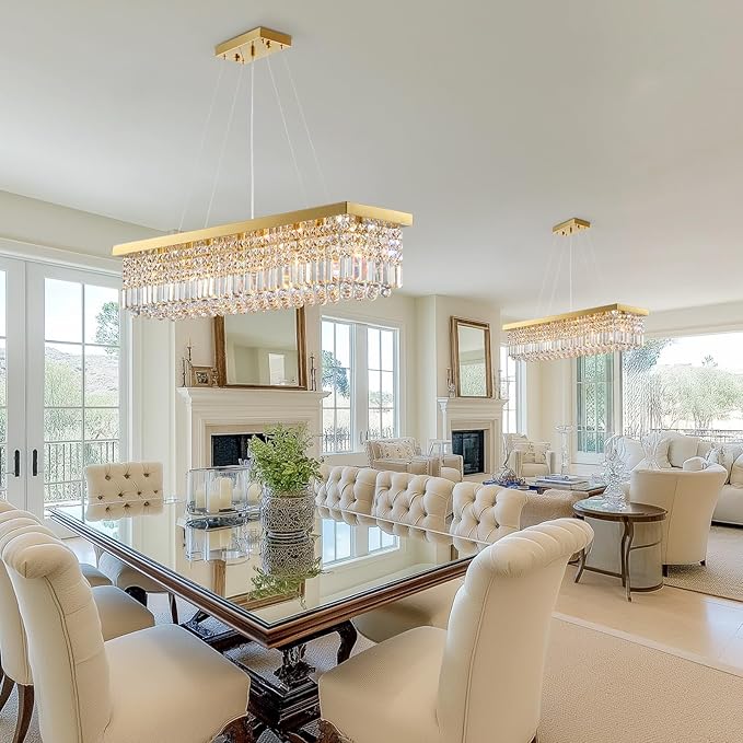 Modern Crystal Chandelier for Dining Room,Gold Luxury Crystal Chandelier,8 Lights Rectangular Rectangle Light Fixture for Living Room Kitchen Island L40''xW10''xH10''
