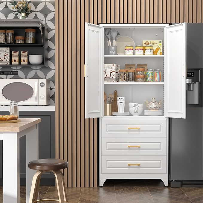 75" Kitchen Pantry Cabinet with 3 Drawer,Metal Storage Cabinets with Doors and 4 Adjustable Shelves,White Kitchen Cabinet with 2 Gold Handles,Food Cupboard for Livingroom,Pantry, Bathroom