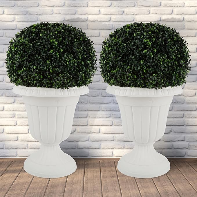 Pure Garden Outdoor Planter 2-Pack - 16x18-Inch Urn Planters - Plastic Plant Pots for Indoor, Outdoor, or Front Porch Decor - Flower Pots (White)