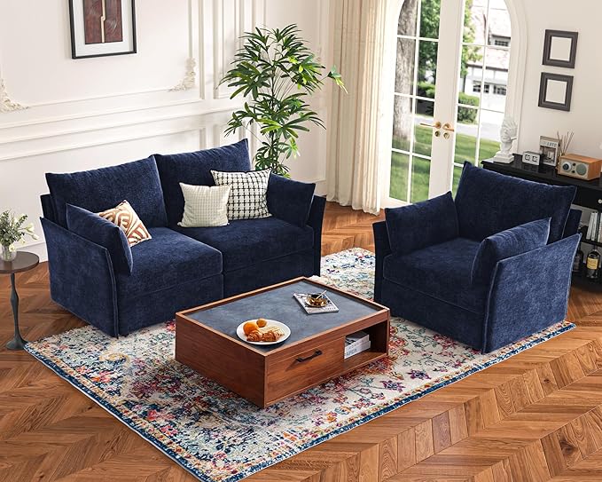 Luxury Modular Sectional Sofa, L-Shaped 3-Seat Couch with Storage Ottoman Deep Seat & Reversible Chaise Lounge Chenille Blue for Compact Spaces, Apartments, Dorm