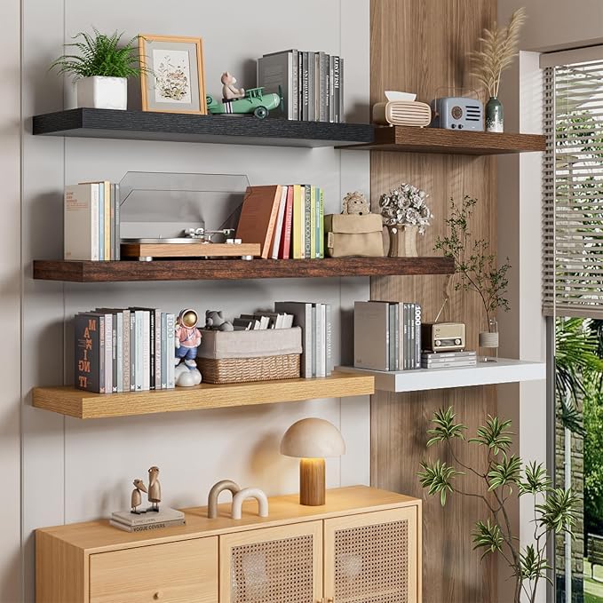 Heimlove 12" Deep Walnut Floating Shelves for Wall, 24 Inch Wall Shelf Bathroom Shelves Set of 2, Wall Mounted Shelves for Books Living Room Laundry Room Bedroom Kitchen Home Office