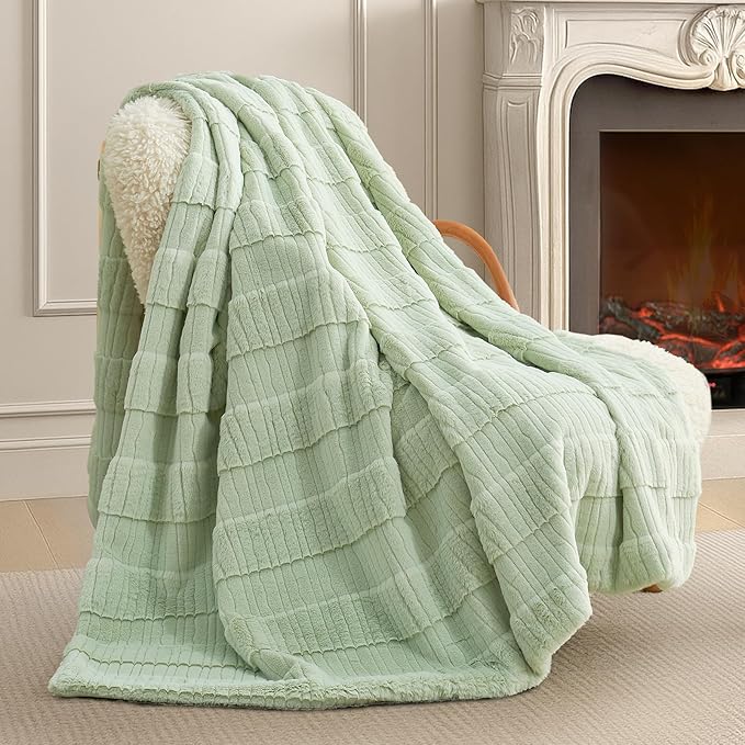 Amélie Home Luxury Striped Faux Fur Throw Blanket for Couch, Embossed Split Fur Cozy Fuzzy Fluffy Luxurious Soft Plush Sofa Chair Bed Gift Blankets for Women Men Wife Friend, 60"x80", Sage Green