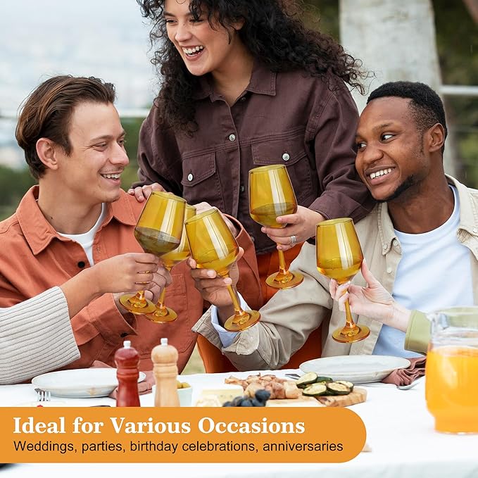 Amber Wine Glasses Set of 6-14oz Long Stem Wine Glass, Pretty Crystal Glassware, Hand Blown Goblets Drinkware, Unique Stemware Wine Glass Holiday Gift Set