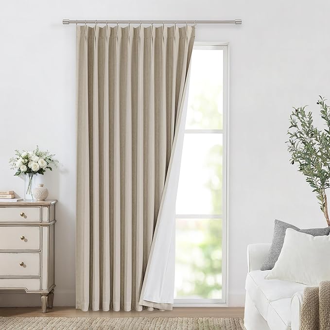 Vision Home Sand Pinch Pleated Full Blackout Curtains Linen Blended Room Darkening Window Curtains 90 inch for Living Room Bedroom Thermal Insulated Pinch Pleat Drapes with Hooks 1 Panel 60" Wx90 L