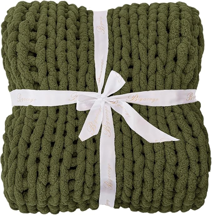 Bigacogo Chunky Knit Throw Blanket for Couch, 40x60 inches, 100% Hand Knitted with Thick Jumbo Chenille Yarn, Cozy Soft Large Rope Knot Cable Crochet Blankets for Sofa Bed Living Room, Yellow Green