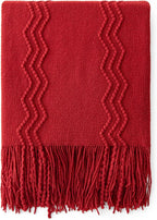MIULEE Red Knitted Throw Blanket for Couch Boho Textured Cozy Woven Blanket with Tassels for Sofa Chair Bed Living Room Acrylic Wave Pattern 60"x80"