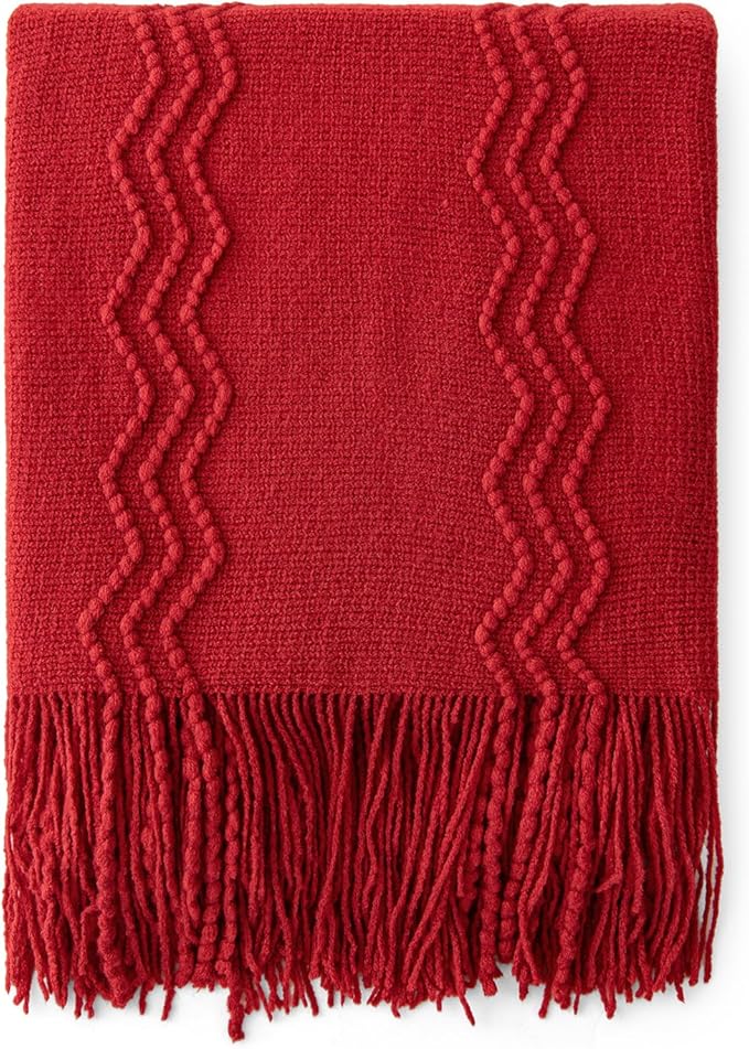 MIULEE Red Knitted Throw Blanket for Couch Boho Textured Cozy Woven Blanket with Tassels for Sofa Chair Bed Living Room Acrylic Wave Pattern 60"x80"