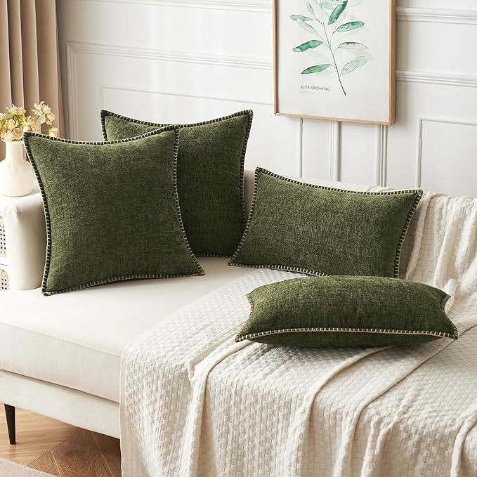 MIULEE Pack of 2 Couch Throw Pillow Covers 18x18 Inch Olive Green Farmhouse Decorative Pillow Covers with Stitched Edge Soft Chenille Solid Dyed Spring Pillow Covers for Sofa Bed Living Room