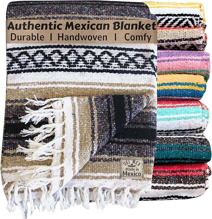 Del Mex Classic Mexican Blanket, Large Authentic Woven Falsa Throw (70"x50"), Artisan Southwest Décor for Beach, Yoga, Outdoors (Tan)