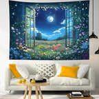 LB Wildflower Moon Tapestry, Green Plant Outside Window and Colorful Floral Wall Tapestry for Bedroom, Garden Wall Art for Living Room Dorm Home Decor Ready to Hanging, 80 x 60 Inches