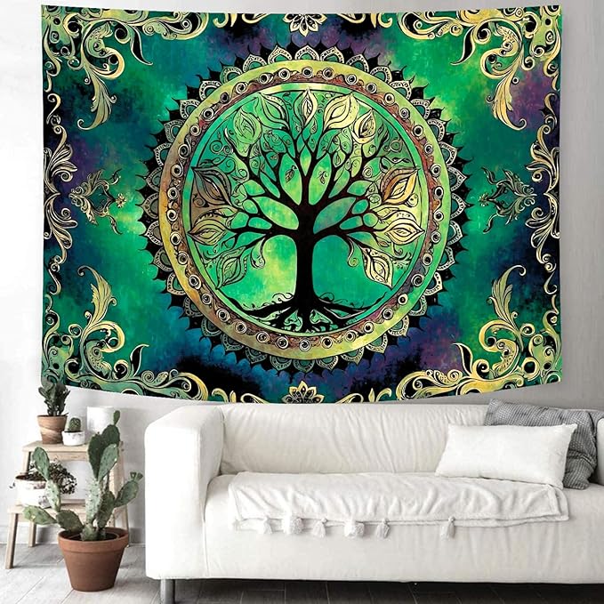 Delur Tree of Life Tapestry Green Nature Bohemian Mandala Spiritual Tapestry Wall Hanging Mystical Landscape Hippie Psychedelic Headboard for Bedroom Living Room Home Decor (70.8" x 92.5")