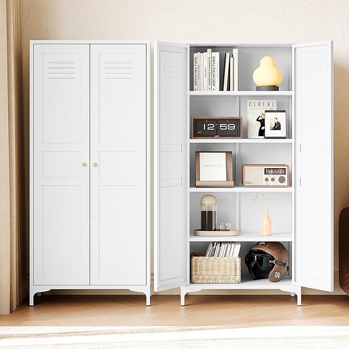 Letaya White Storage Cabinet with Feets-Metal Home Kitchen Pantry Cabinets with Doors and Adjustable Shelves,Organization Locker for Cupboard/Bedroom/Dining/Living/Bathroom/Office/Garage Room (White)