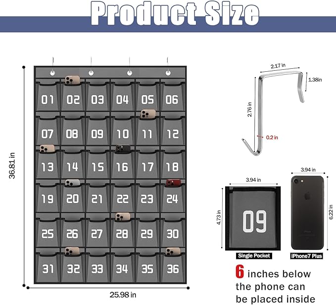 Loghot Classroom Accessories Closet Pocket Chart for Cell Phones Holder Wall Door Hanging Organizer (36 Pockets Gray)