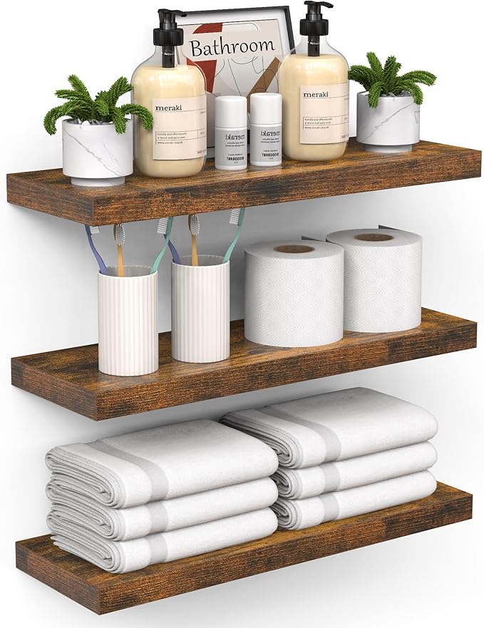 BAYKA Bathroom Floating Shelves for Wall – Bathroom Shelf Over Toilet Farmhouse Rustic Wood for Bedroom, Kitchen, or Living Room Decor – Rustic Brown, Set of 3, Sturdy Storage with 22lb Capacity