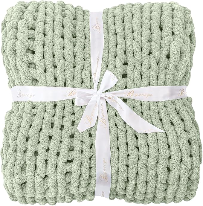 Bigacogo Chunky Knit Throw Blanket for Couch, 51x63 inches, 100% Hand Knitted with Thick Jumbo Chenille Yarn, Cozy Soft Large Rope Knot Cable Crochet Blankets for Sofa Bed Living Room, Sage Green