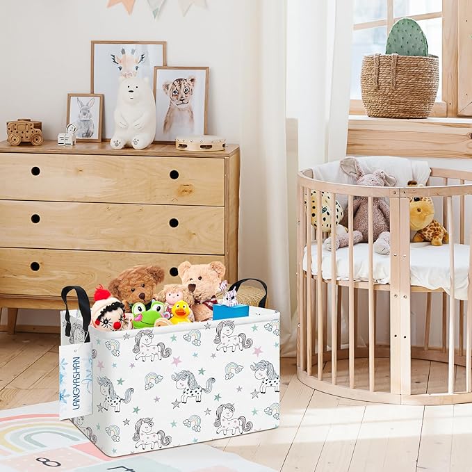 LANGYASHAN Rectangular Storage Bin Collapse Canvas Fabric Cartoon Storage Basket with Handles for Organizing Home Kitchen Boys and Girls Toys Office Closet Shelf Baskets (Rec Rainbow Unicorn)