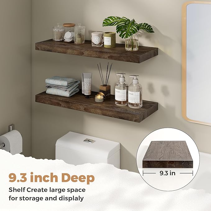 RICHFOCUS Elm Floating Shelves for Wall - 30" W x 9.3" D Rustic Solid Wood Shelves with Invisible Bracket, Wall-Mounted for Living Room, Bedroom, Kitchen Storage & Display, Set of 2, Walnut