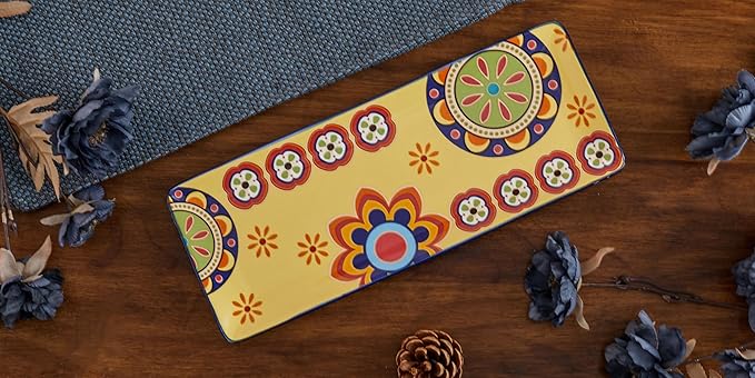 Bico Tunisian Ceramic 14 inch Rectangular Serving Platter, Set of 2, for Serving Salad, Pasta, Cheese, Ham, Appetizer, Microwave & Dishwasher Safe